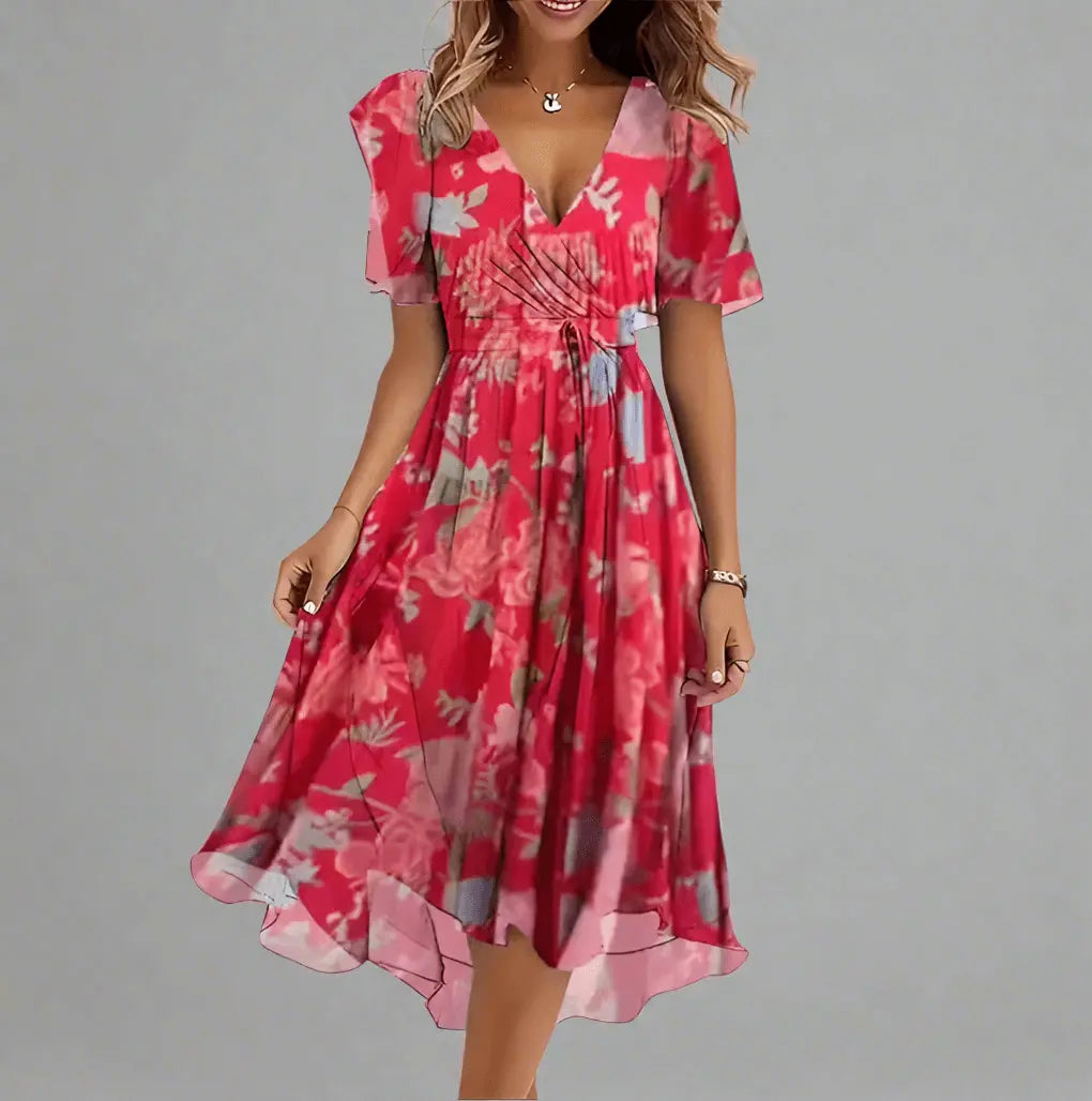 Women's floral midi dress flowing wrap style V-neck lightweight fabric spring elegant silhouette