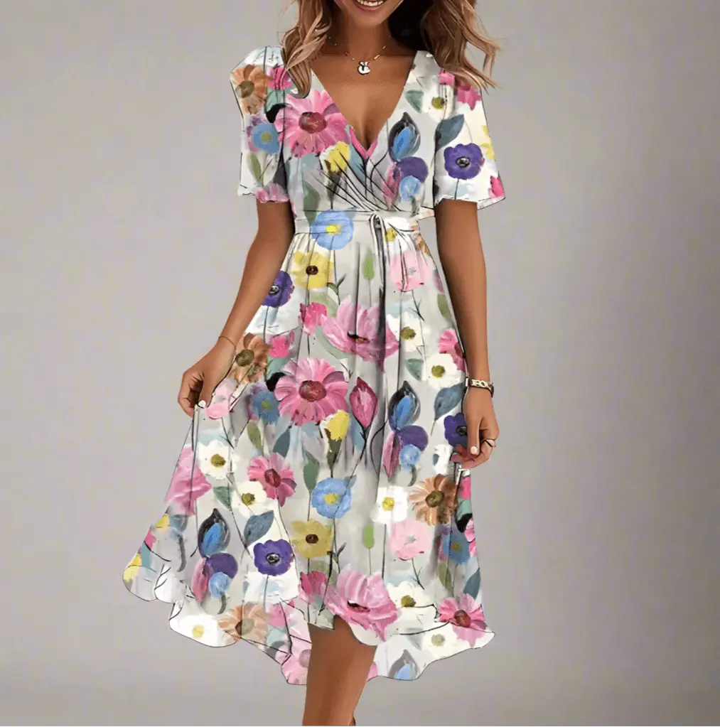 Women's floral midi wrap dress, lightweight flowing fabric, V-neckline, perfect spring elegance