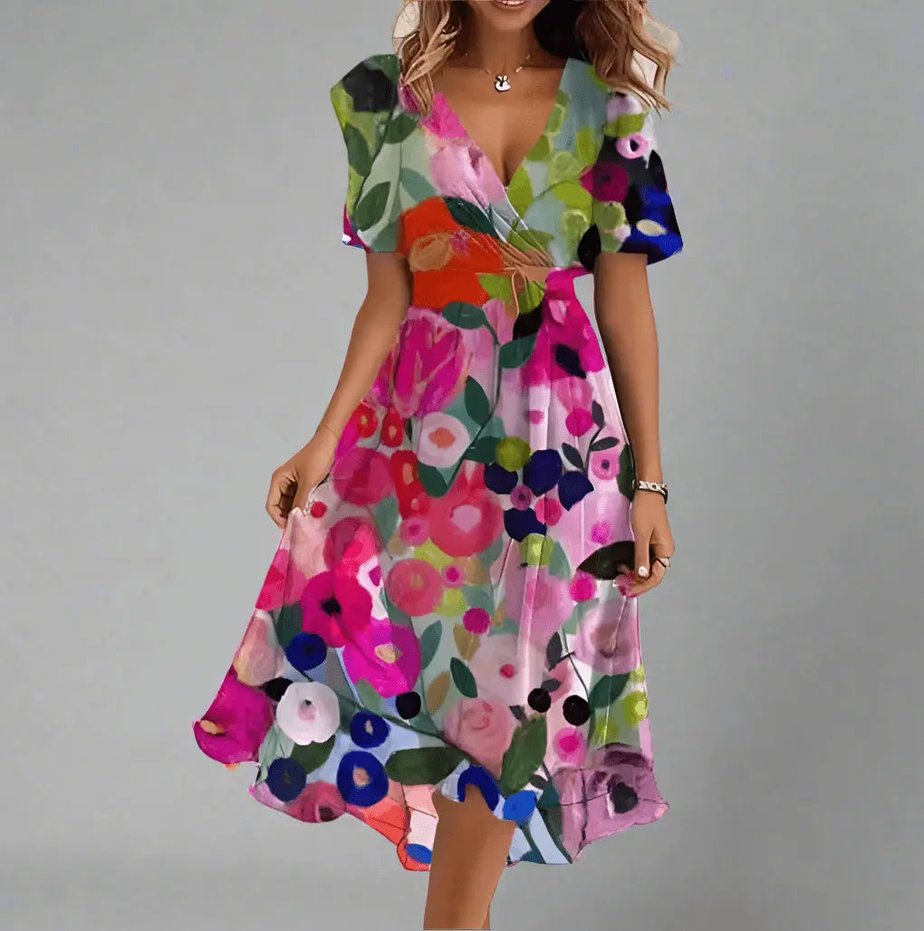 Women's floral midi dress, flowing wrap style with V-neckline, lightweight fabric for spring elegance