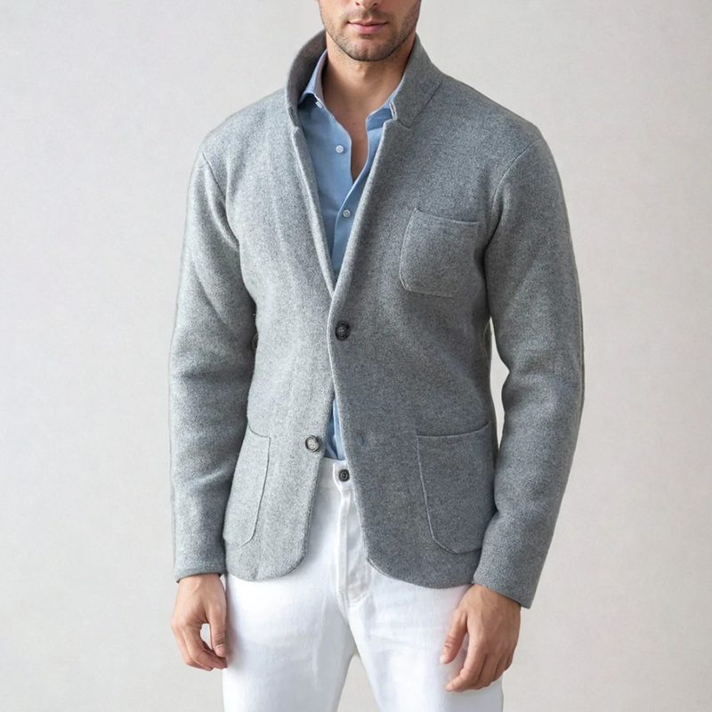 Men's gray knit cardigan blazer-inspired silhouette slim fit office casual layering essential