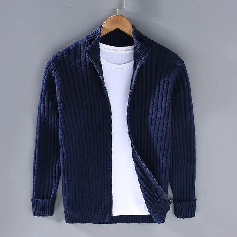 Slim-fit ribbed zip cardigan in soft cotton-blend knit with stand collar for everyday wear