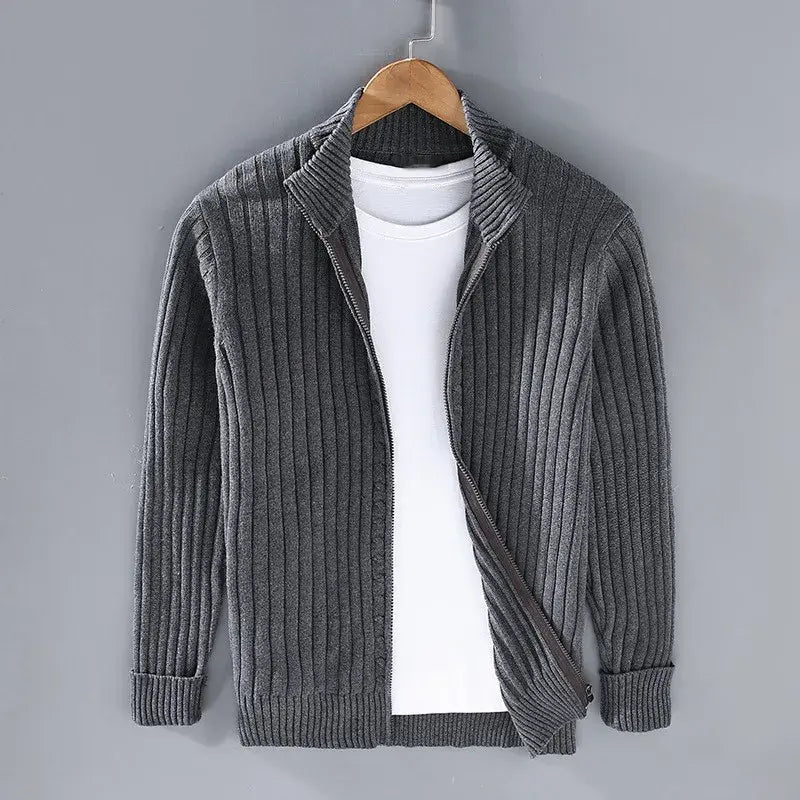 Slim fit ribbed zip cardigan in soft cotton-blend knit with stand collar and full-zip front