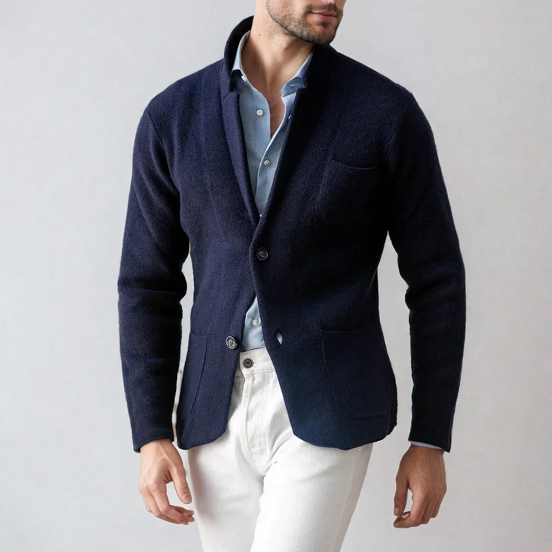 Men's grey knit cardigan blazer-inspired silhouette with tailored cut for office and weekend wear