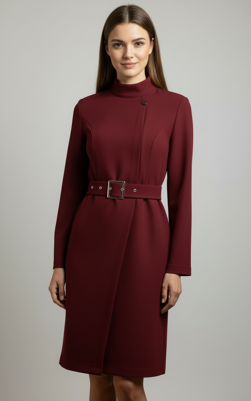 Women's belted midi coat dress in structured silhouette, refined winter style with elegant streamlined length