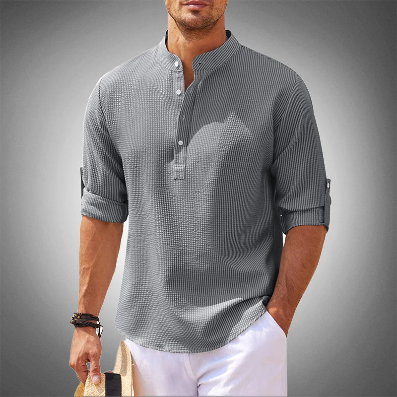 Men's beige linen blend relaxed fit shirt with mandarin collar and half button placket