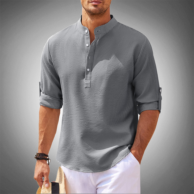 Men's casual relaxed fit long sleeve shirt with mandarin collar and half-button closure everyday wear