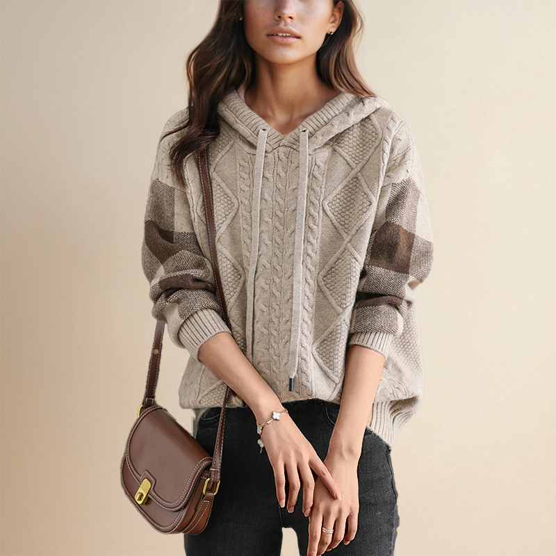 Beige cable knit hoodie sweater with intricate textured pattern, relaxed fit for casual everyday comfort