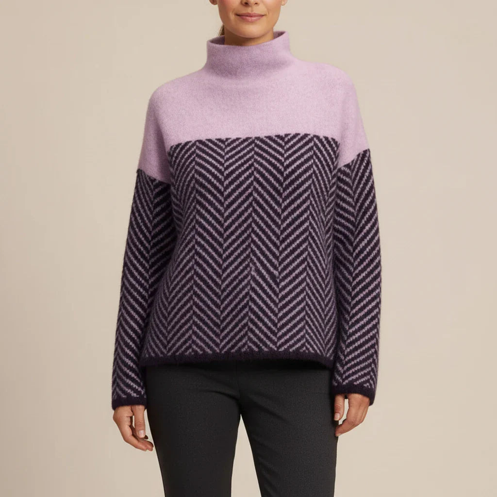 Women's oversized turtleneck sweater color block chevron pattern cozy relaxed fit cool-weather style