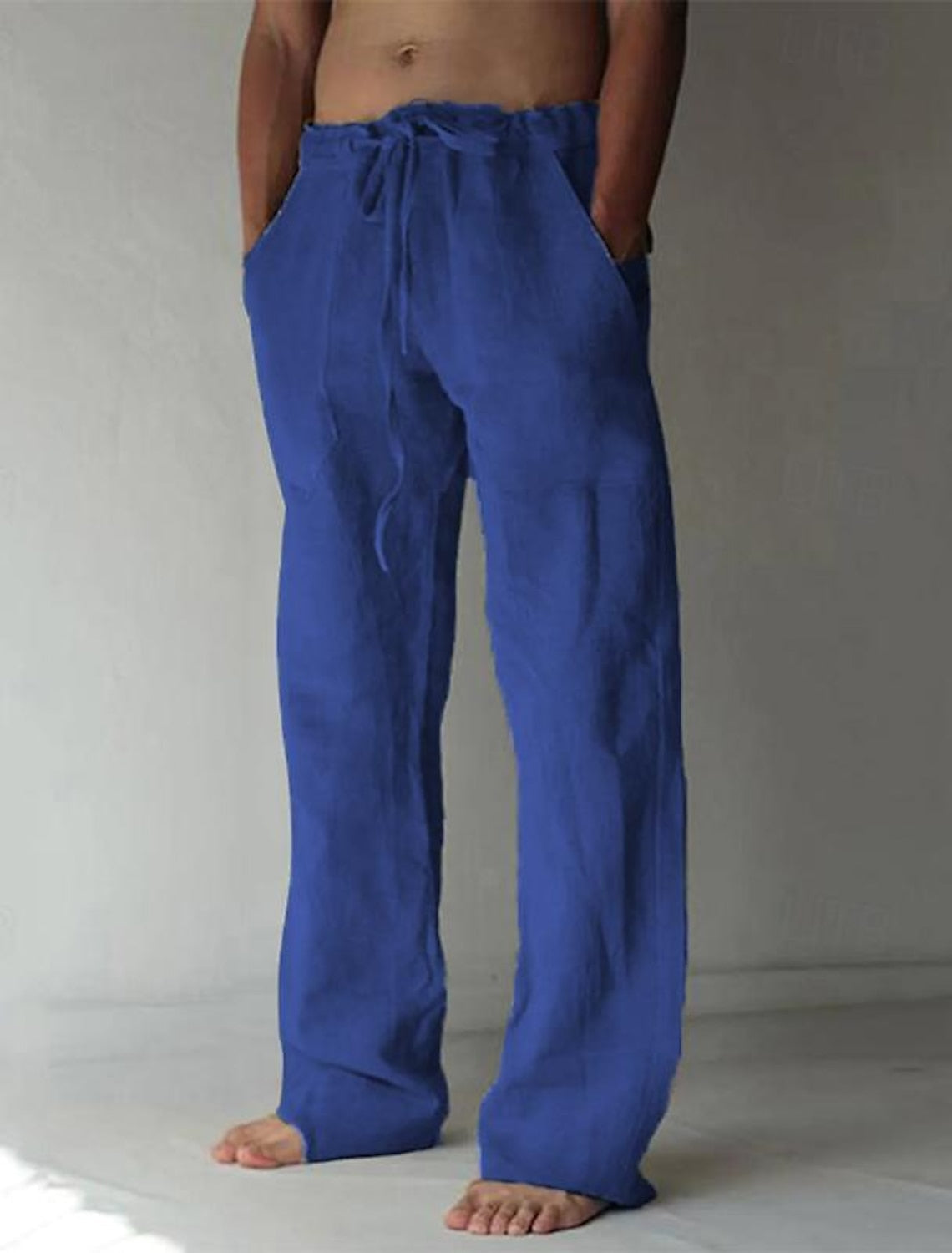 Men's beige linen blend relaxed fit pants lightweight breathable casual summer style