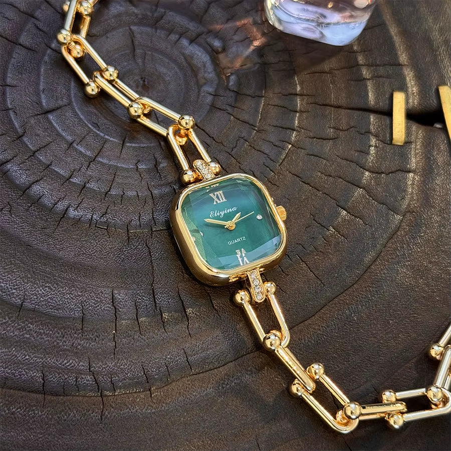 Women's baroque chain-link bracelet watch bold square dial gold sculptural jewelry timepiece