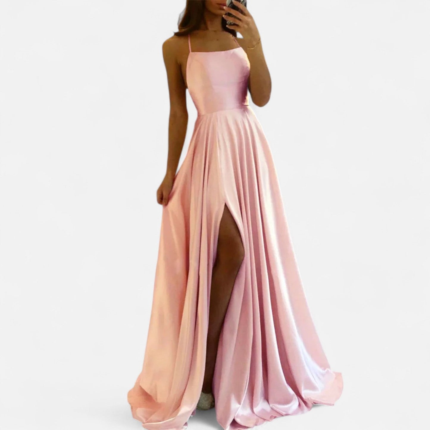 Women's luxurious satin floor-length evening gown with elegant draping, sleek silhouette for galas