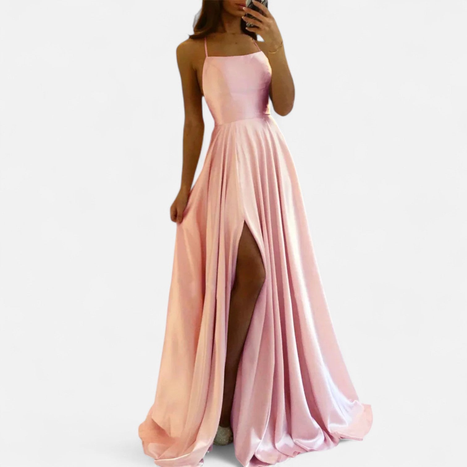 Women's luxurious satin floor-length evening gown with elegant draping, sleek silhouette for galas