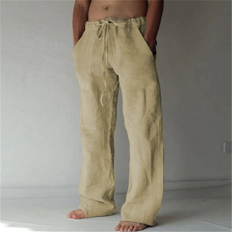 Men's beige linen-cotton blend relaxed fit pants lightweight breathable casual summer trousers