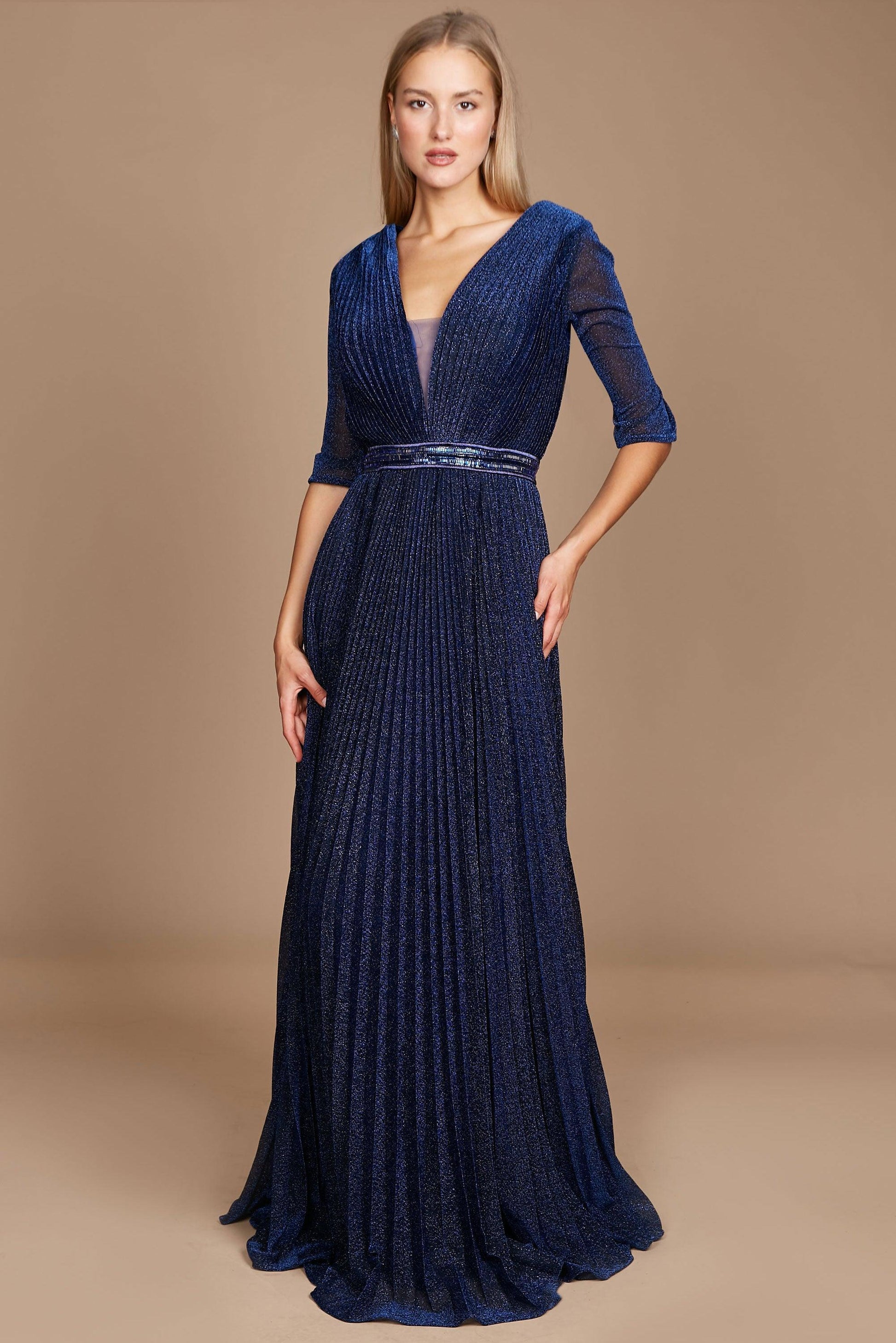 Elegant long sleeve mother of bride dress, soft V-neck, flowy A-line skirt, formal evening gown