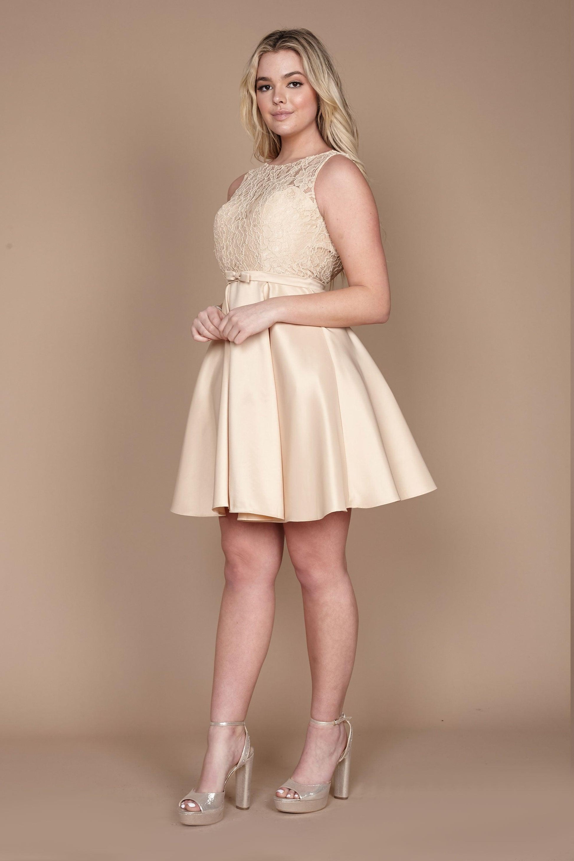 Short ivory A-line lace bodice prom dress with waist belt, mini length for teens