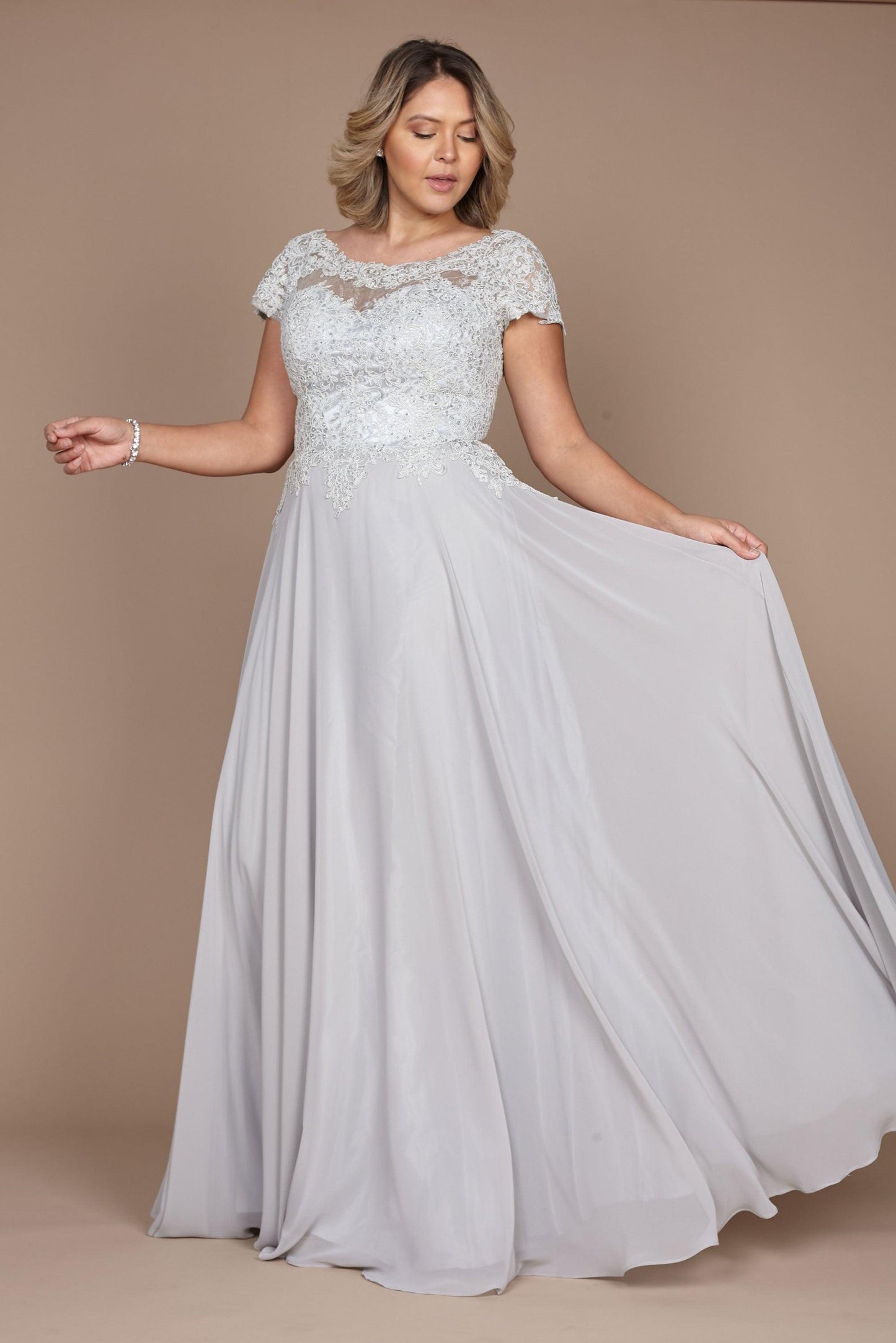 Silver Navy chiffon lace floor-length evening dress crew neck short sleeve formal gown