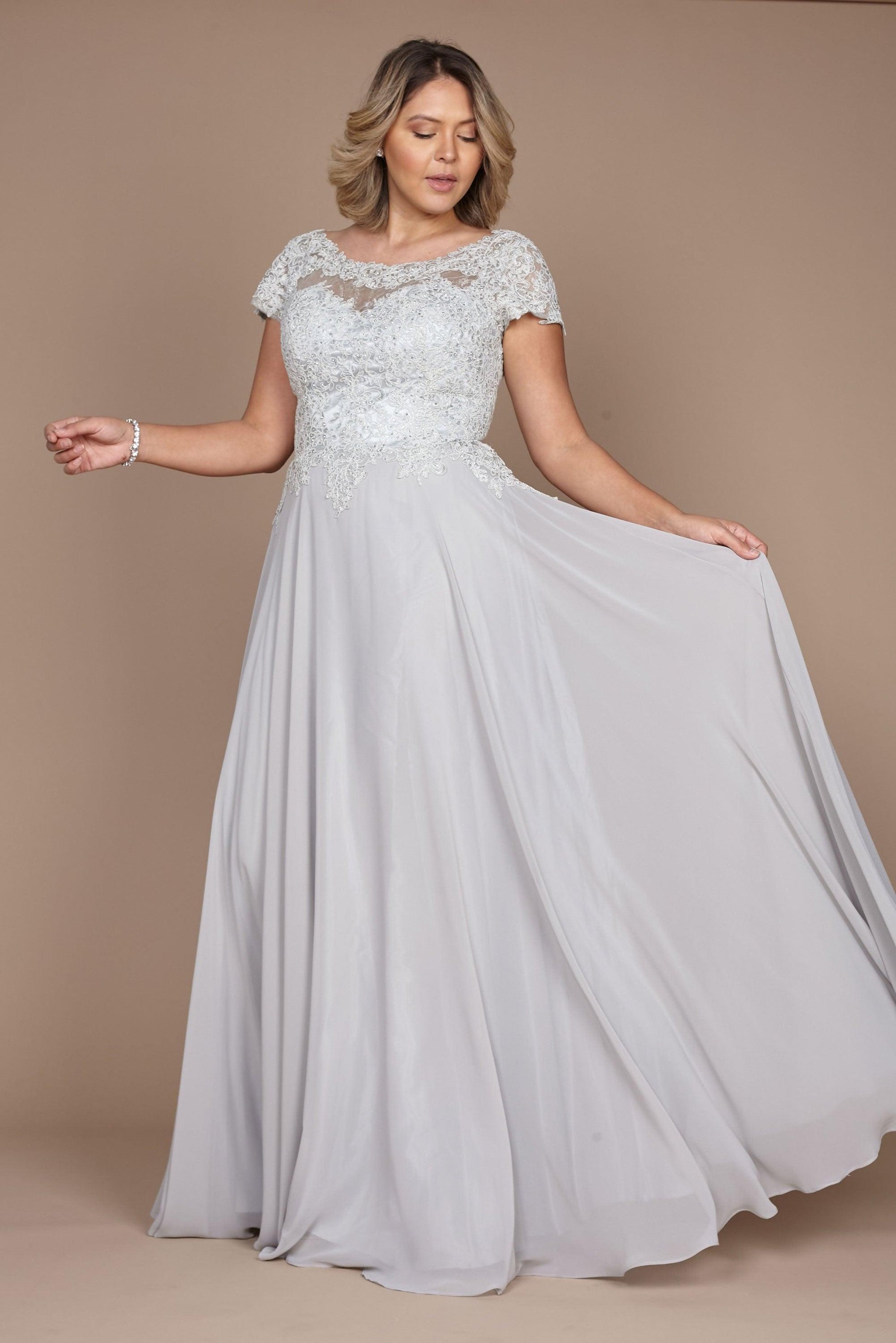 Silver Navy chiffon lace floor-length evening dress crew neck short sleeve formal gown