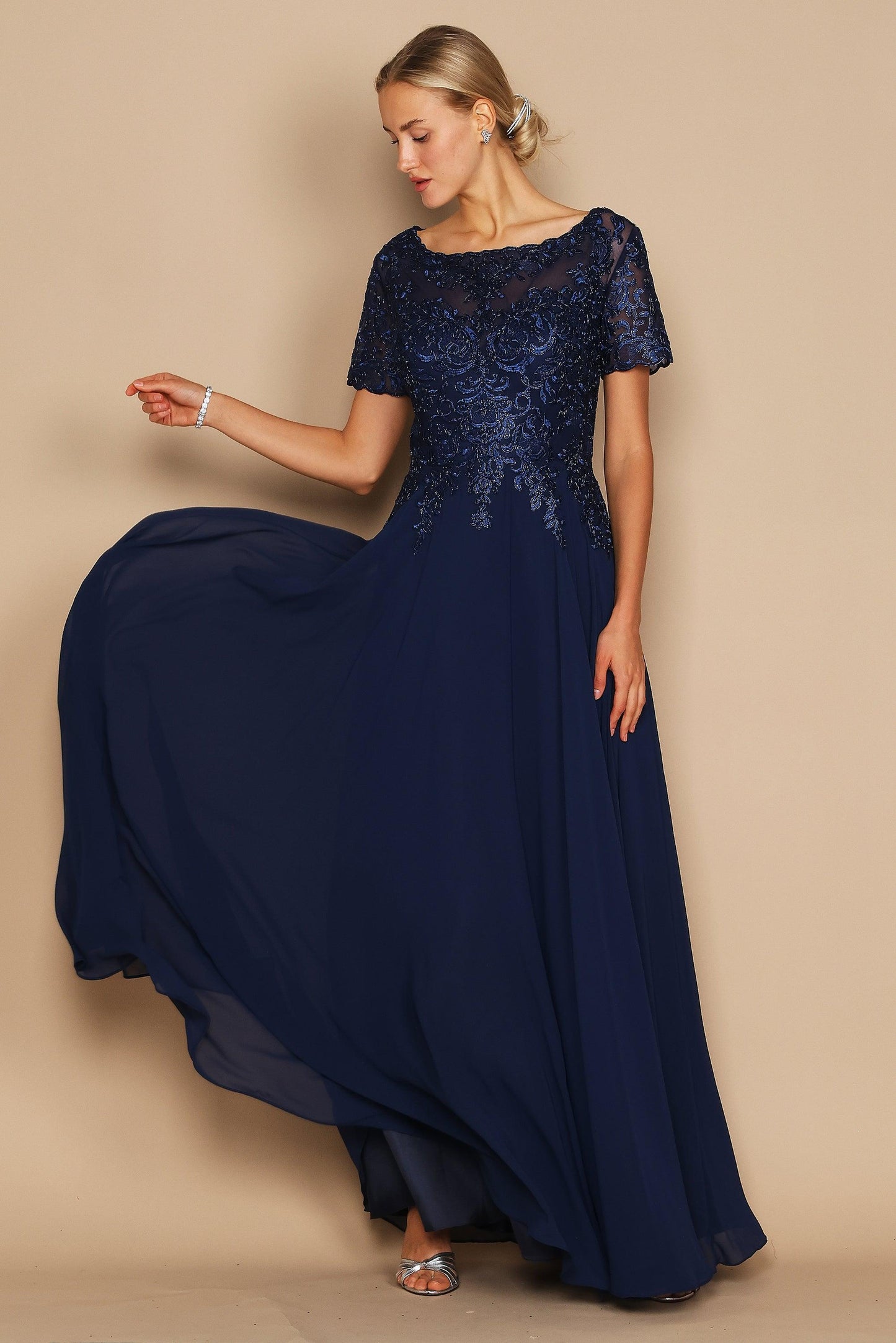 Elegant mother of bride floor-length chiffon A-line gown with illusion sweetheart neckline embroidered bodice