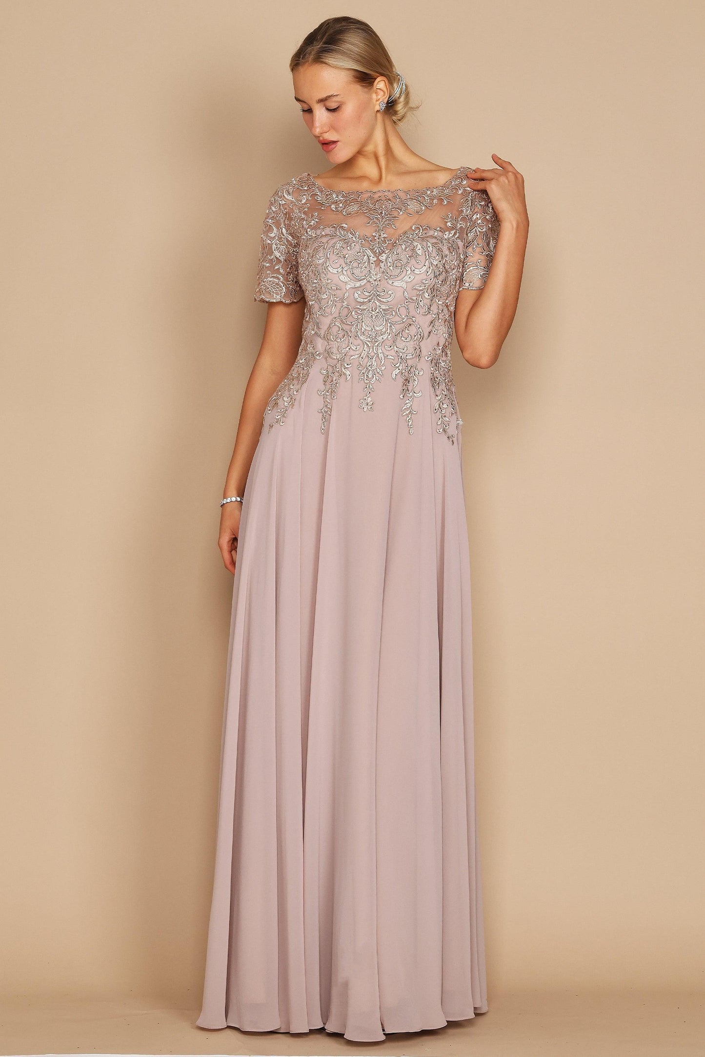 Elegant mother of bride floor-length chiffon A-line gown with illusion sweetheart neckline embroidered bodice