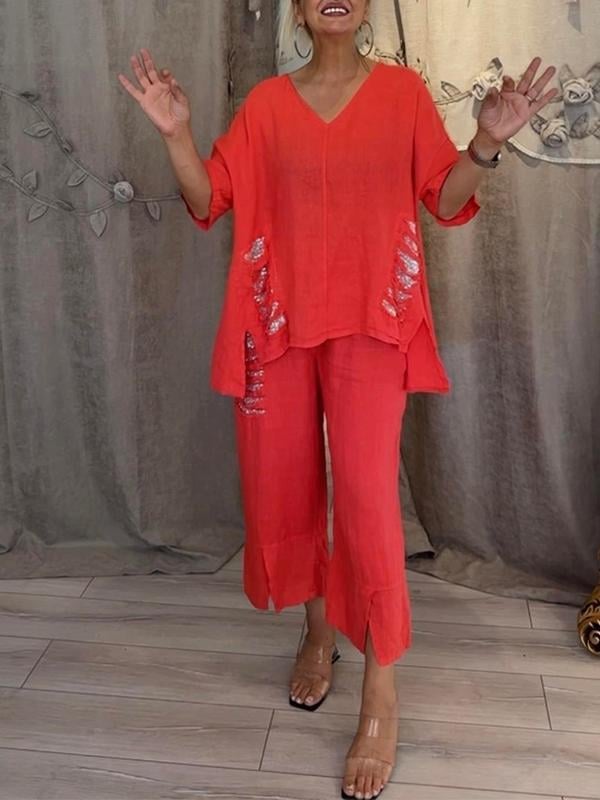 Pearl | Women's Casual 2 Piece Set V-Neck Top and Cropped Pants