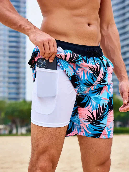 Men's drawstring beach shorts tropical palm print bold coastal relaxed summer fit