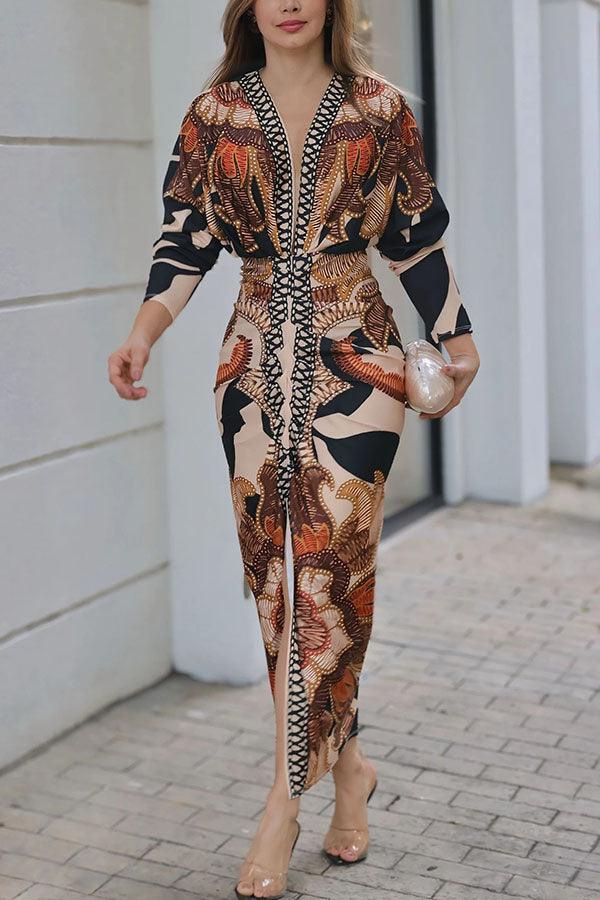 Women's loose fit dolman sleeve midi dress unique print ruched slit V-neck vacation style