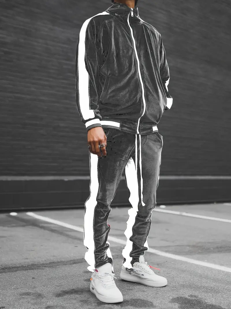Men's two-piece tracksuit set with full-front zipper jacket and matching pants for active performance