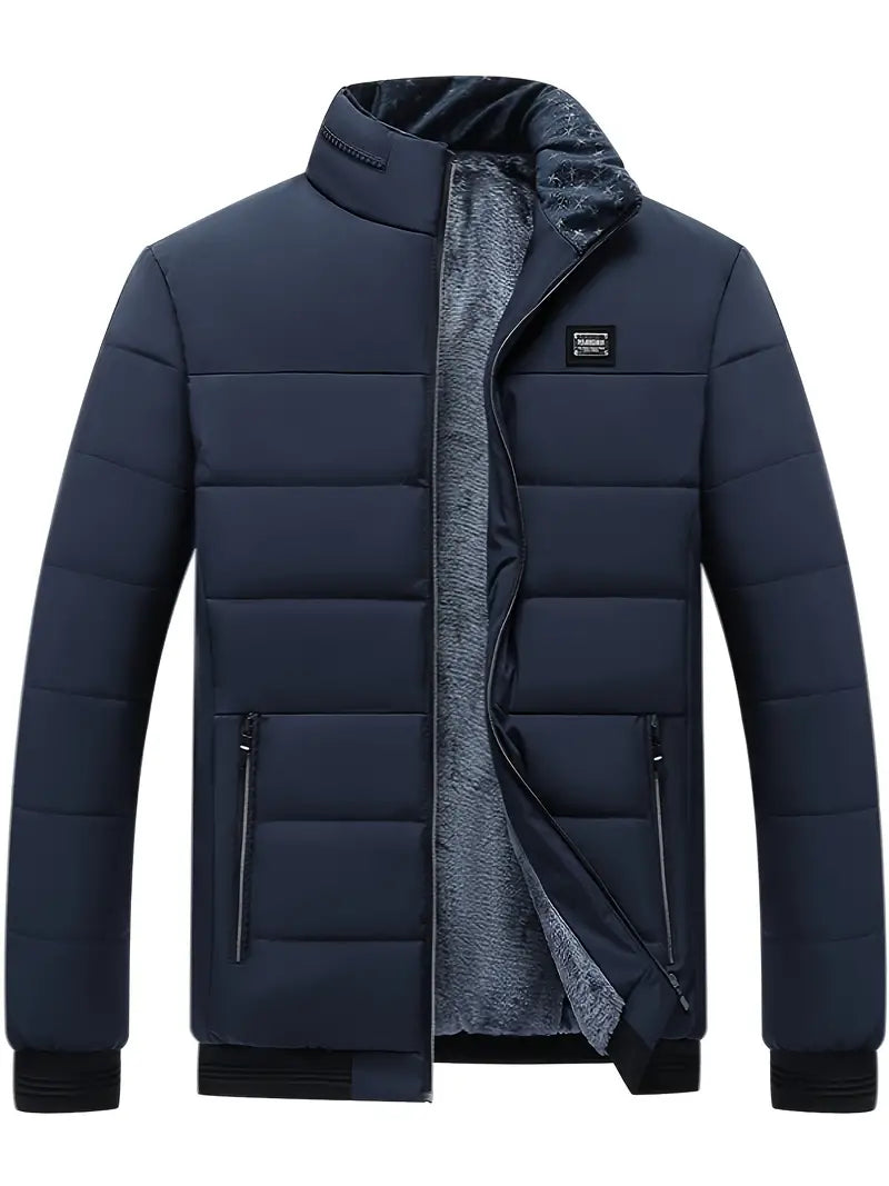 Men's black velvet-lined stand collar winter jacket with structured neckline, warm luxurious outerwear