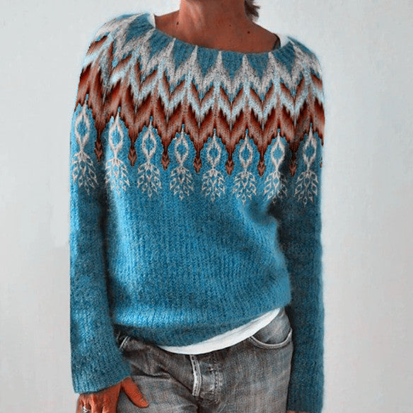 Women's multicolor ethnic knit sweater relaxed silhouette warm winter pullover with vibrant pattern