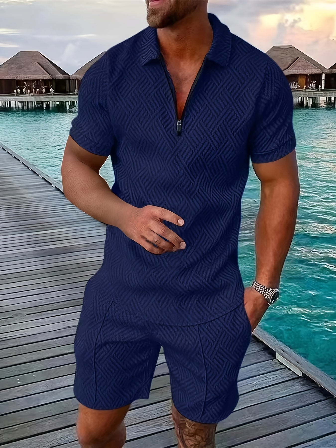 Men's geometric print romper breathable cotton blend short sleeve zipper one-piece summer casual