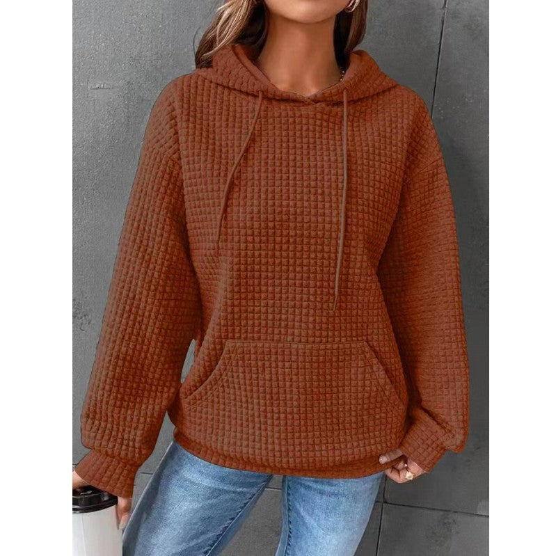 Women's dusty pink quilted hoodie relaxed fit with drawstring hood and kangaroo pocket ribbed trim