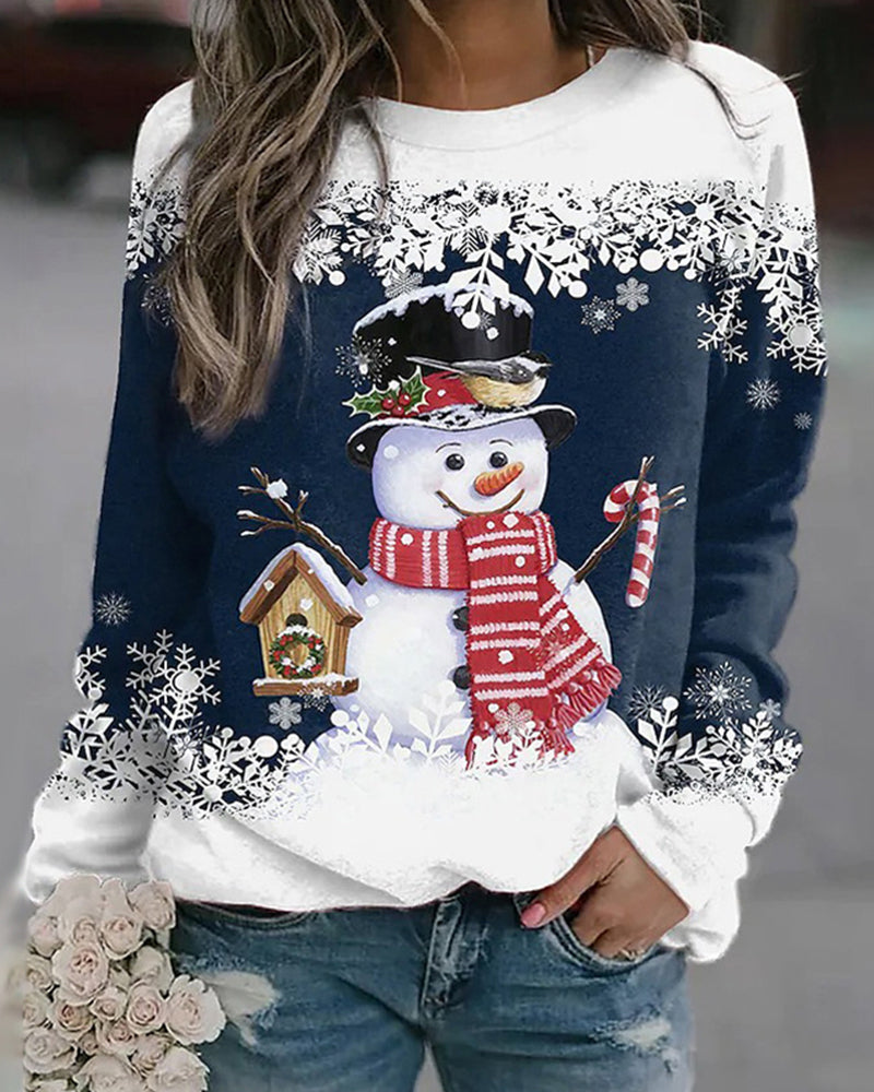 Unisex white Christmas sweatshirt with festive snowman print, cozy cotton blend casual holiday fit