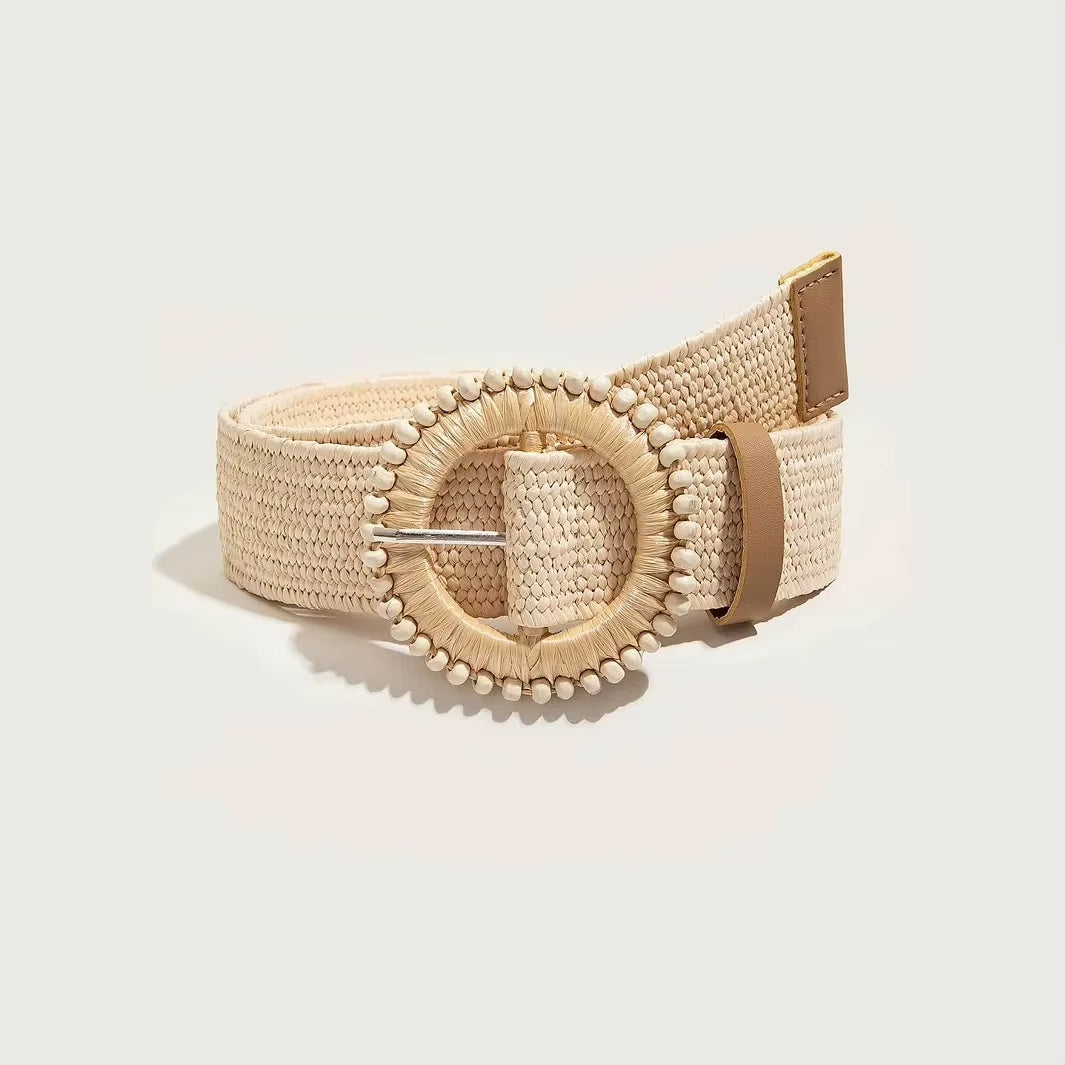 Handwoven natural raffia boho beach belt with beaded circular buckle in sand and pearl tones