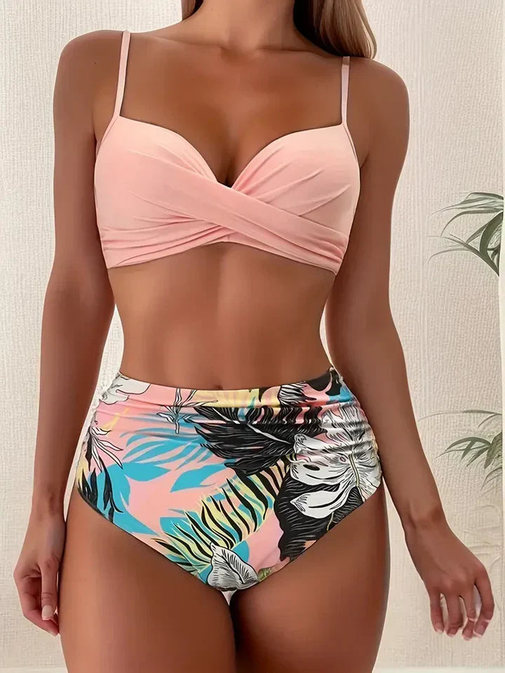 Navy high-waisted push-up bikini for women with flattering tummy coverage and retro-inspired silhouette