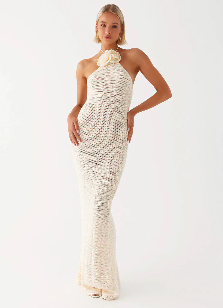 Women's white lightweight crochet two-piece set with romantic floral details, breathable summer style