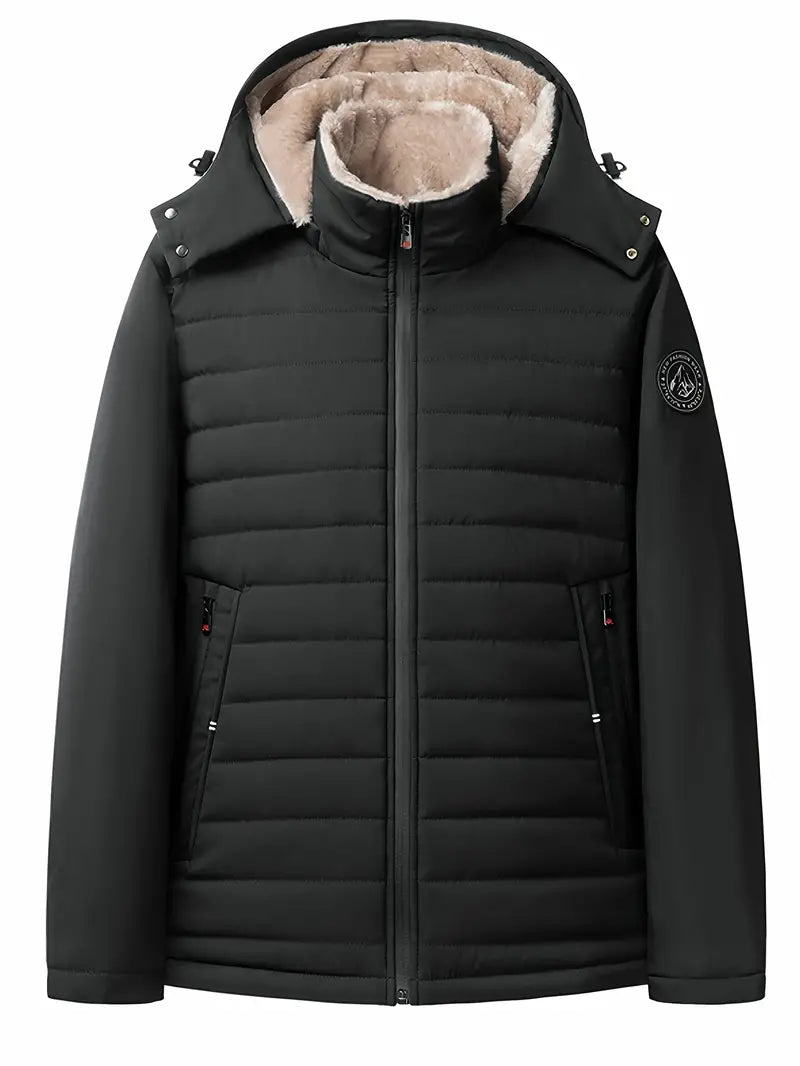 Men's warm padded fleece jacket with hood, cozy winter wear in versatile cold-weather style