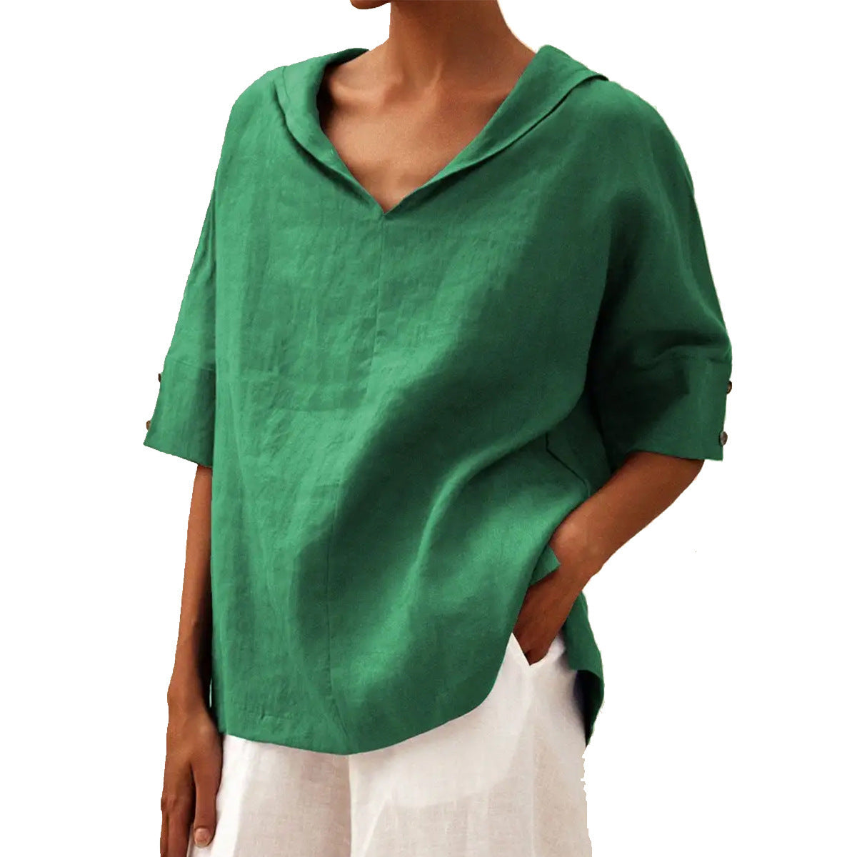 Women's solid V-neck half-sleeve blouse relaxed fit everyday casual top versatile chic comfort