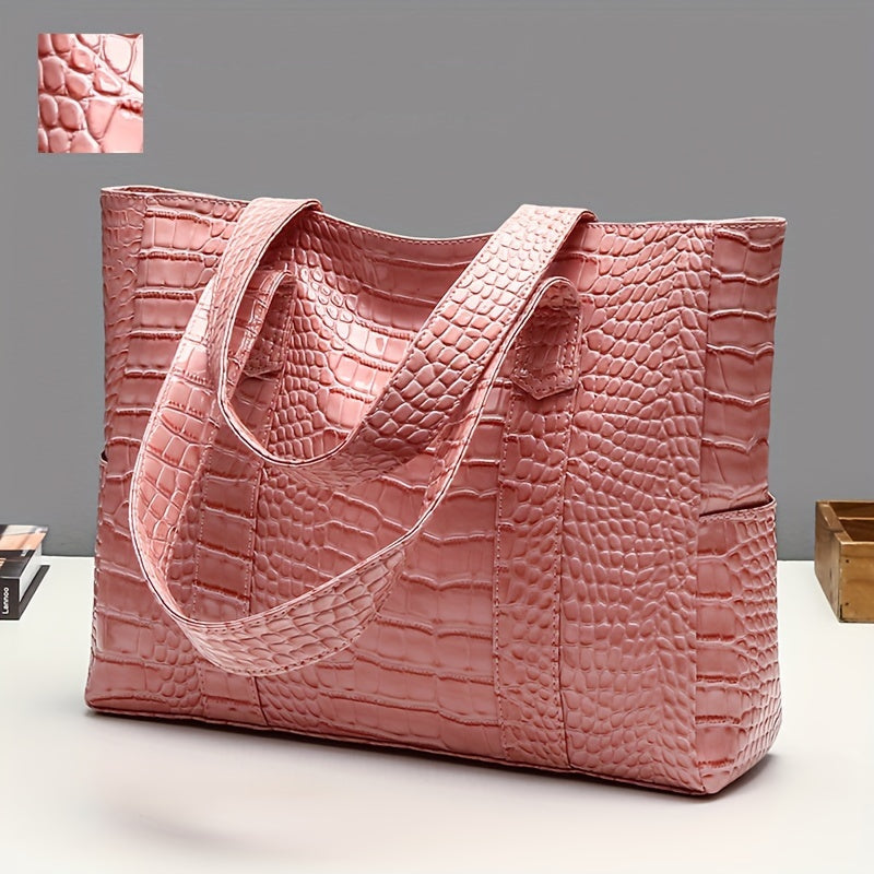 Women's large embossed tote shoulder bag with double straps and spacious interior for everyday use