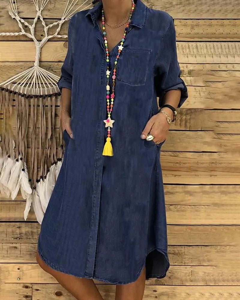 Women's loose-fit shirt dress with front button closure, casual urban style for spring summer