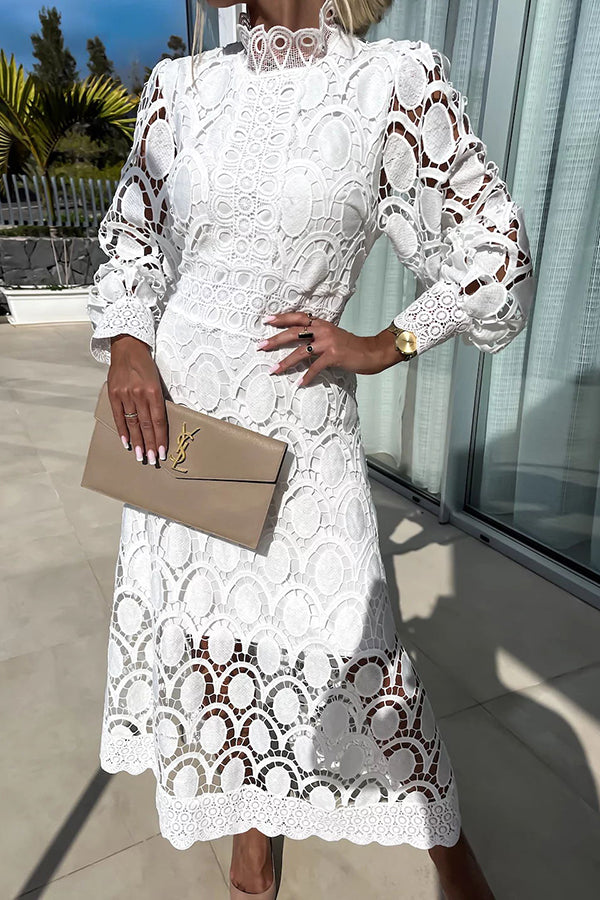 Women's elegant ivory lace midi dress A-line silhouette long sleeves flattering modern fit