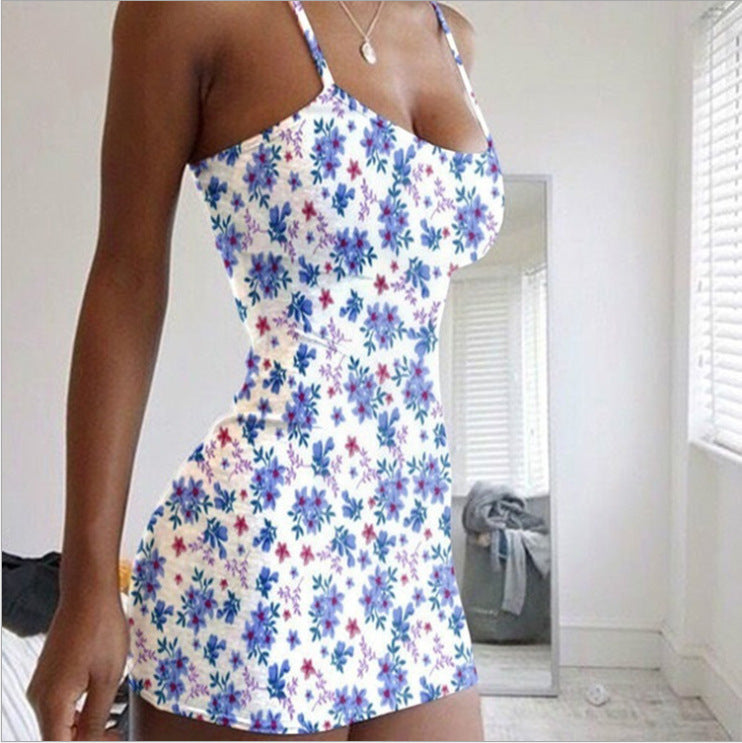 Pink floral bodycon mini dress with spaghetti straps, stretchy polyester blend, perfect for summer festivals