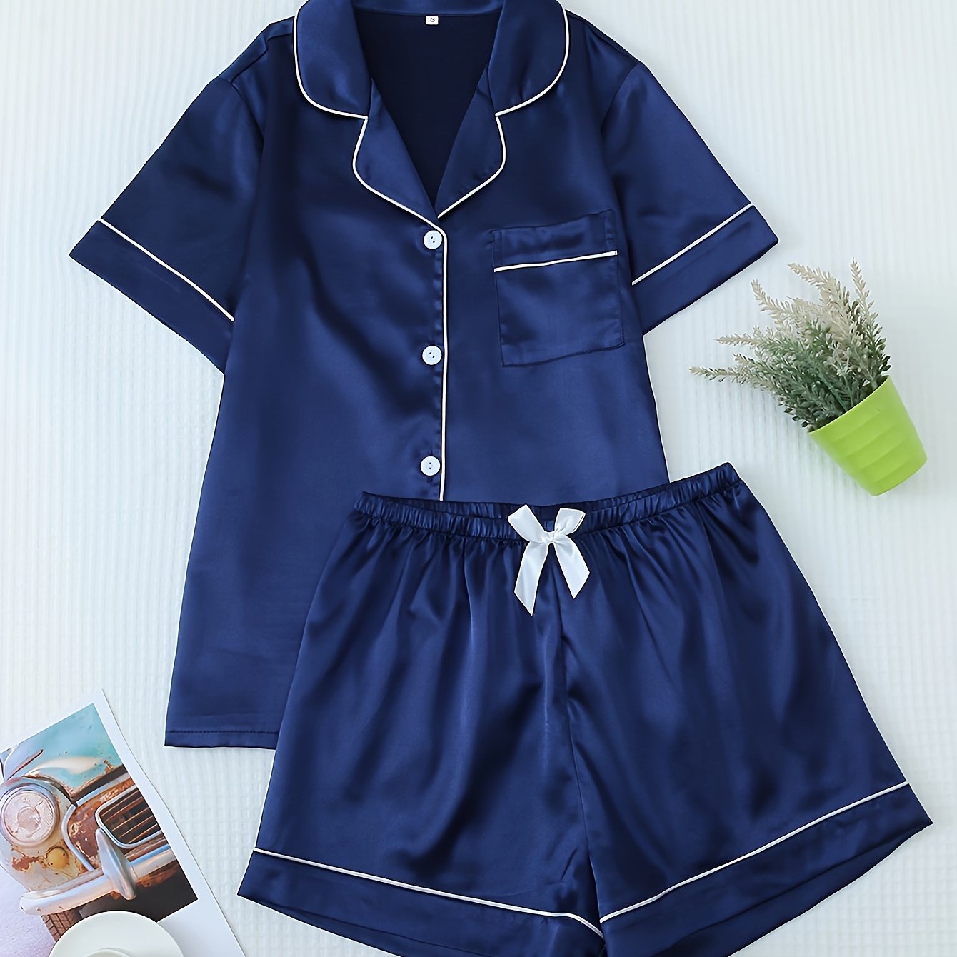 Women's pajama set with button closure top and elastic waist shorts, breathable cozy nightwear
