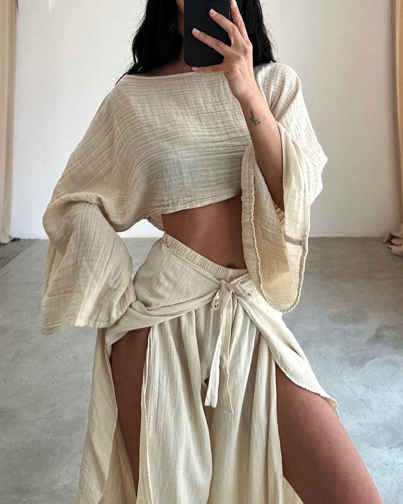 Beige gauze two-piece set cropped wide-sleeve top high-waisted wide-leg pants wrap slit beach style