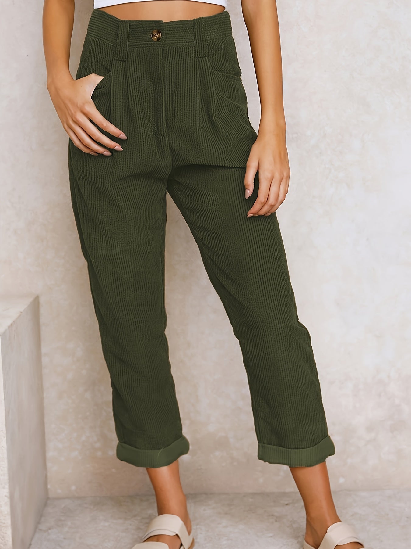 Women's beige corduroy straight-leg trousers with elegant office-ready silhouette and relaxed fit