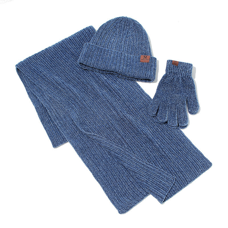 Beige unisex knitted winter set hat scarf gloves extra-long scarf cozy neutral 3-piece cold weather