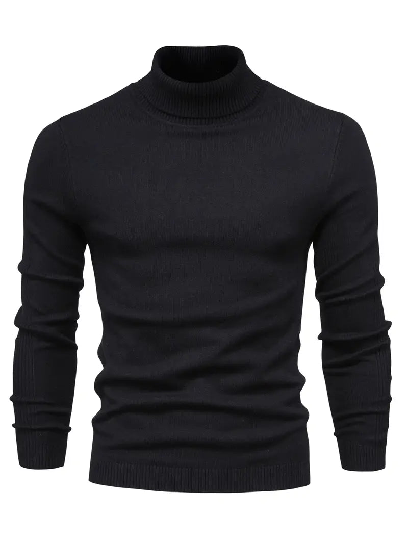 Men's slim-fit turtleneck sweater with long sleeves, high neck coverage, ideal for layering in cold weather