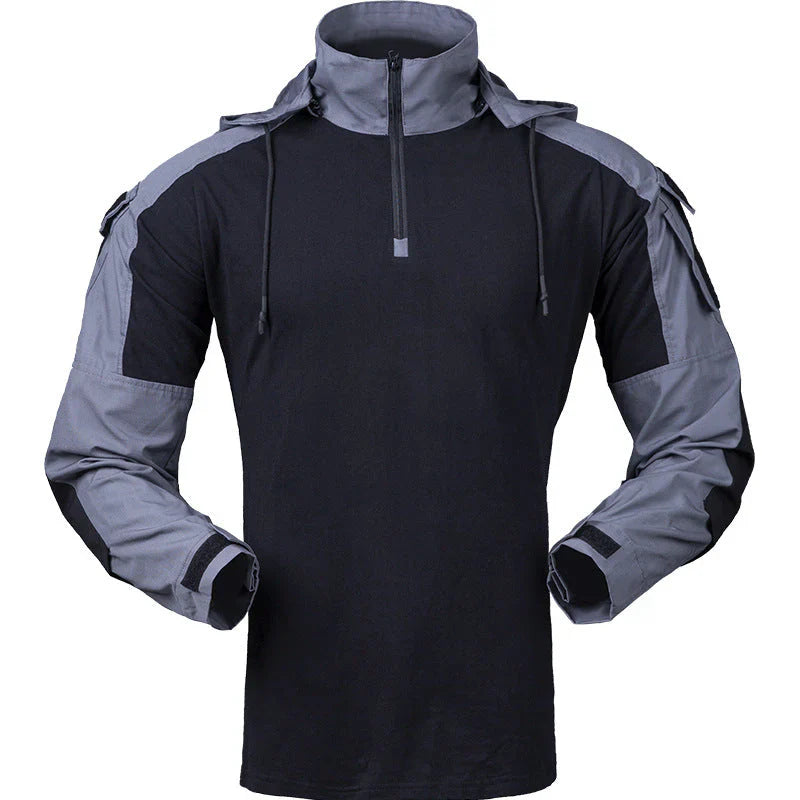 Men olive green military-style windproof outdoor jacket with adjustable hood for hiking and urban wear