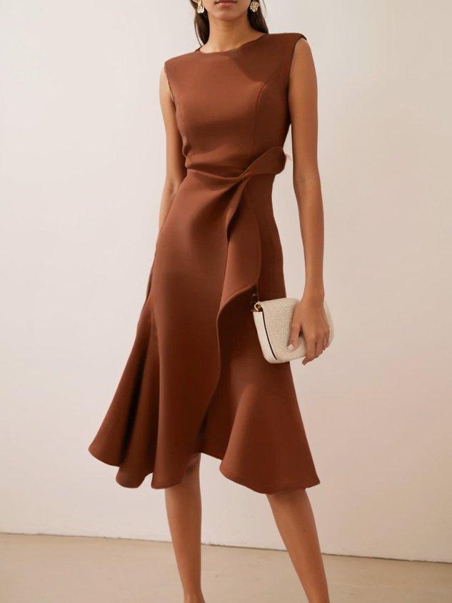 Red sleeveless midi dress with ruched twist waist, A-line silhouette for day-to-night versatility