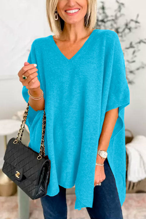 Women's solid cashmere poncho sweater V-neck loose fit lightweight breathable layering essential