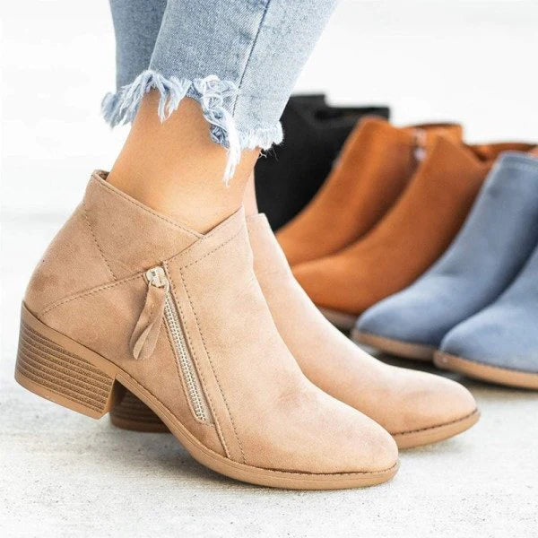 Women's blue suede ankle boots with side zipper and low heel, everyday casual style
